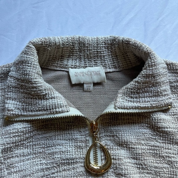 DIVINE HERITAGE tan tweed gold hardware zipper cropped boxy polo sweater - Picture 5 of 6